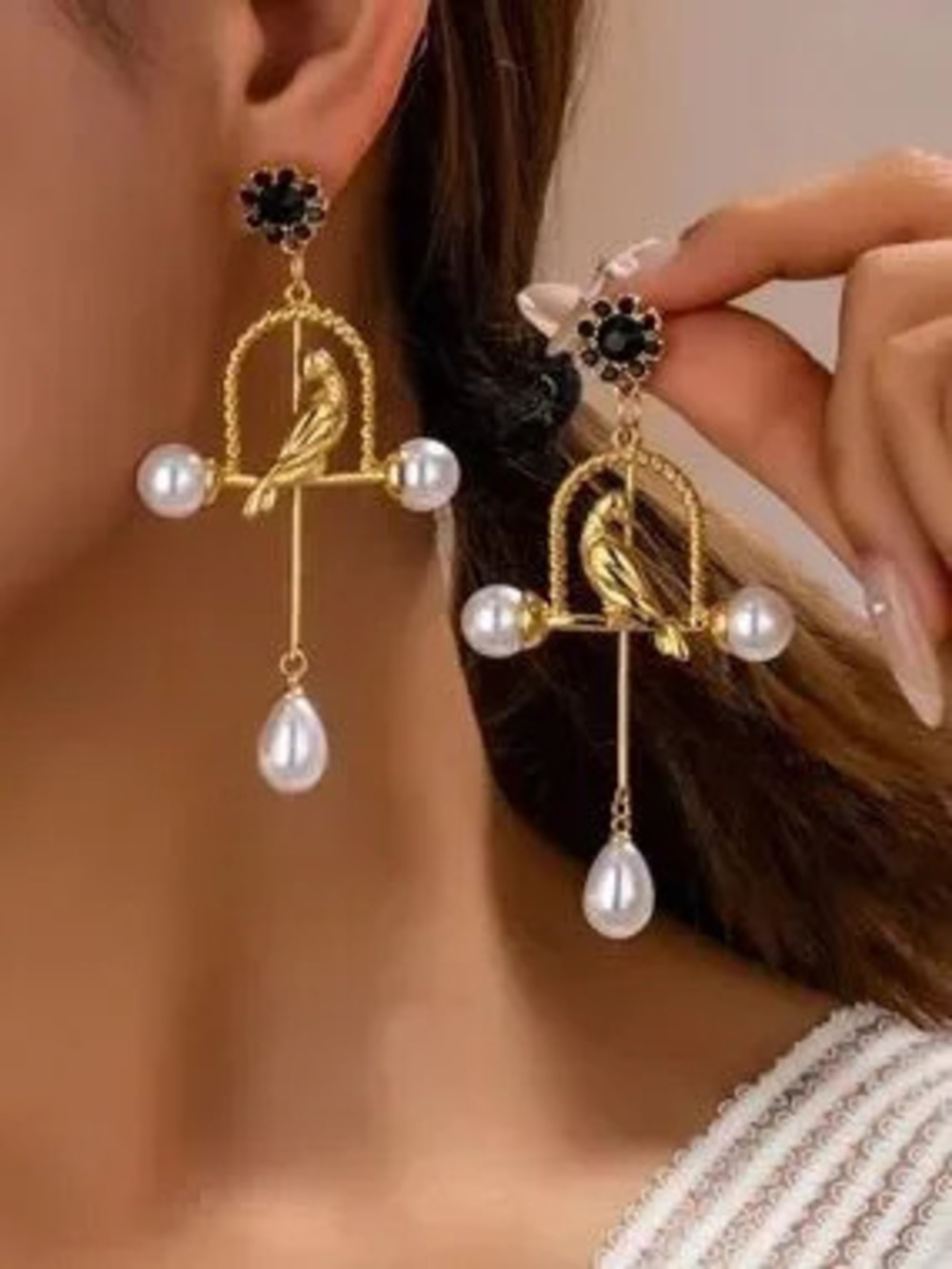 Gold Bird Pearl Drop Earrings with Black Crystal Studs
